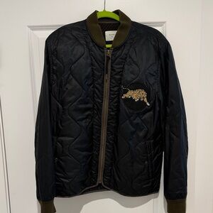 Billy Reid Black Quilted Bomber Jacket with Embroidered Tiger